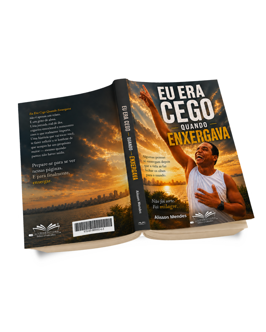 Livro Eu Era Cego Quando Enxergava aberto, mostrando capa, lombo e contracapa